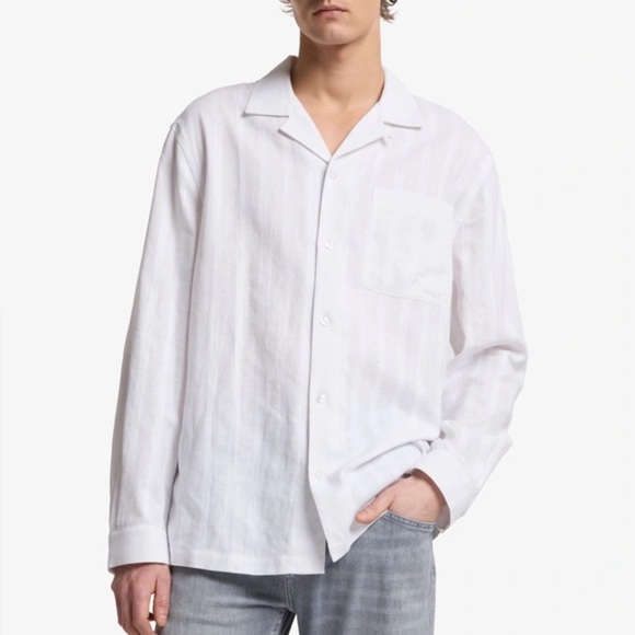 7 for all mankind LONG SLEEVE CAMP SHIRT TEXTURED LINEN BLEND WHITE - Picture 1 of 4